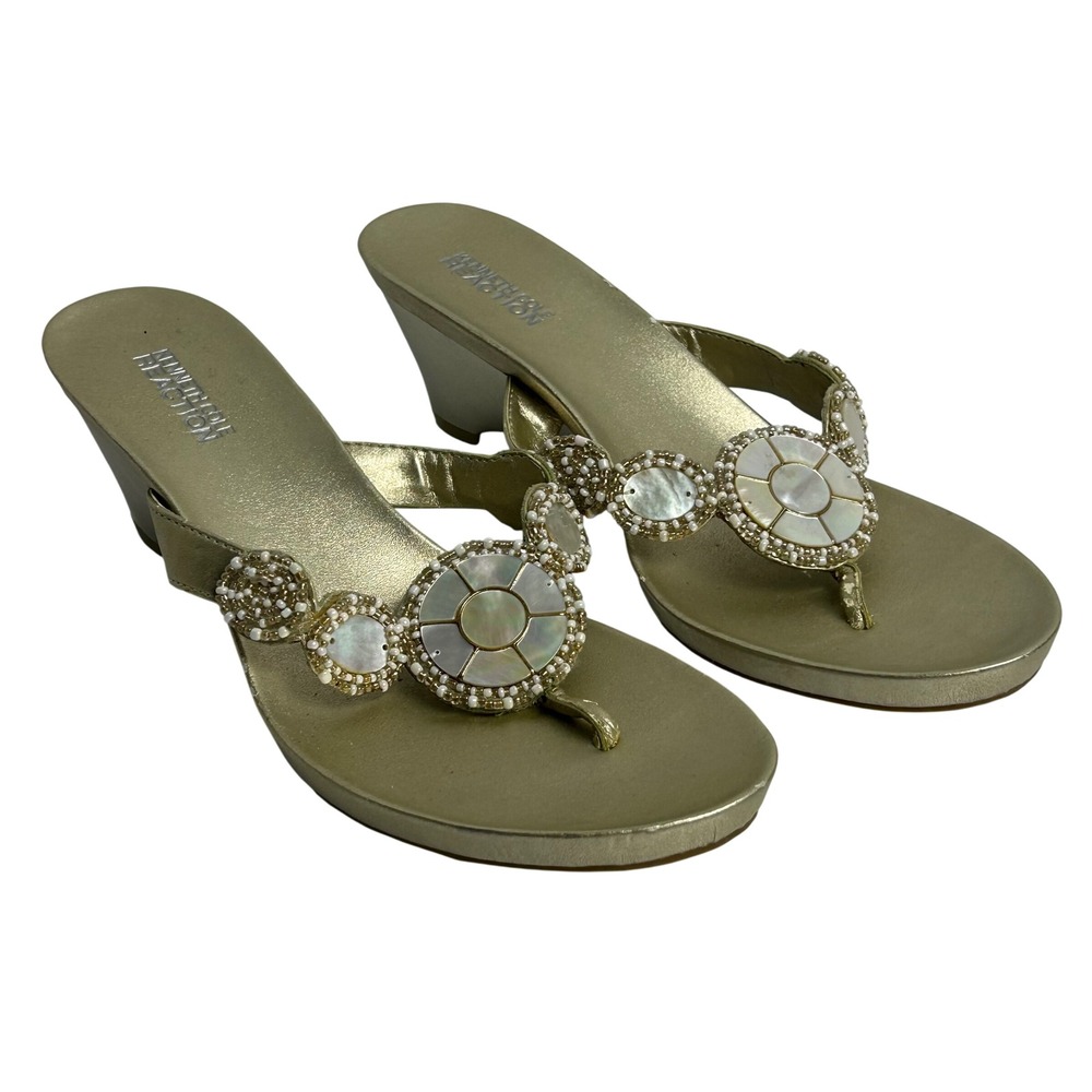 Kenneth Cole Reaction Gold Beaded Wedge Sandals Per-Zone-Ified 8.5M